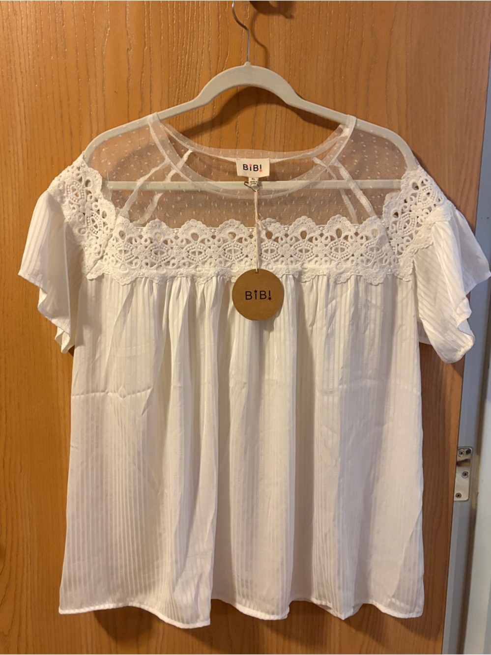 BiBi White Lace Yoke Short Sleeve Blouse